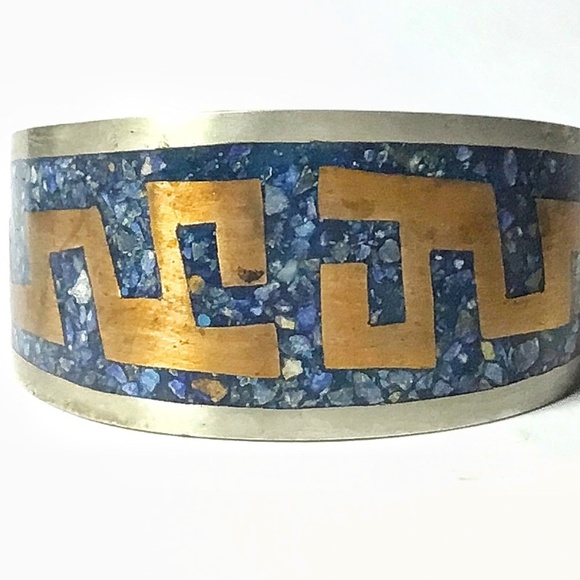 Vintage Taxco, Mexico Crushed Lapis, Copper & Alpaca Aztec Design Cuff Bracelet - Picture 2 of 3